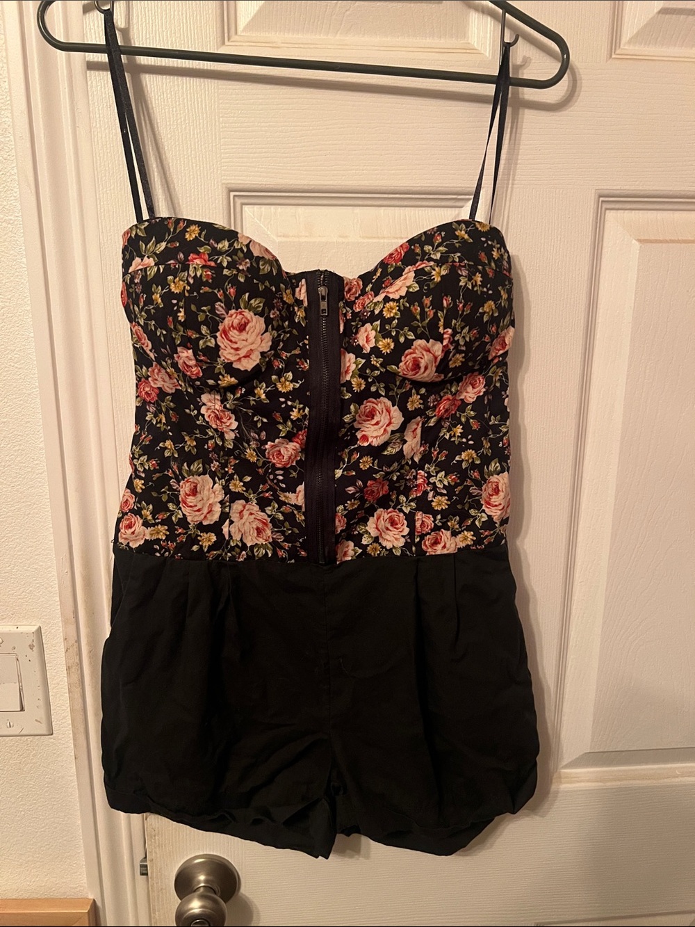 Floral Bustier Romper in Black with Pink Rose Print